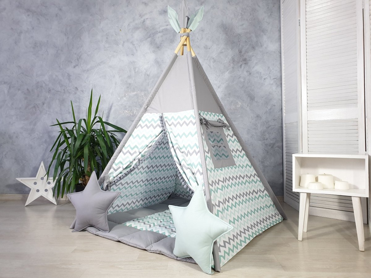 Graues Tipi-Zelt für Kinder mit Chevron-Muster | Wigwam aus Baumwolle