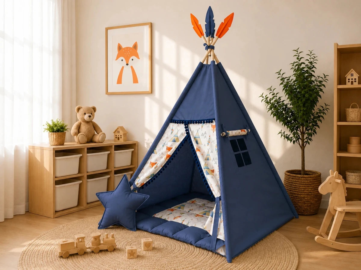 tent fox Navy Blue Print Kids Teepee for Toddlers, Navy Blue / No Color:Refraction Camo Stone Waterproof PE Tarp Boat lines and carrying bag Speiseöle