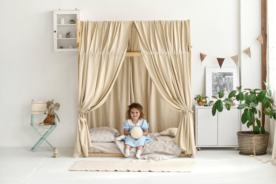 Beige Linen Canopy Curtains for Montessori House Bed | Organic Toddler Bed Canopy for Kids Room Decor