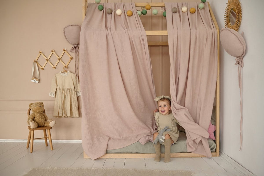 Beige with light pink muslin curtains for bed, house