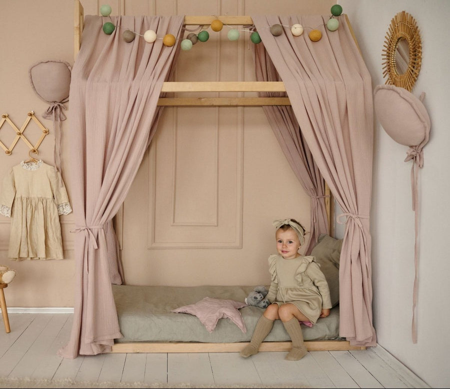 Beige Muslin Bed Canopy for Toddler or House Bed | Soft Organic Crib Curtains for Nursery Decor