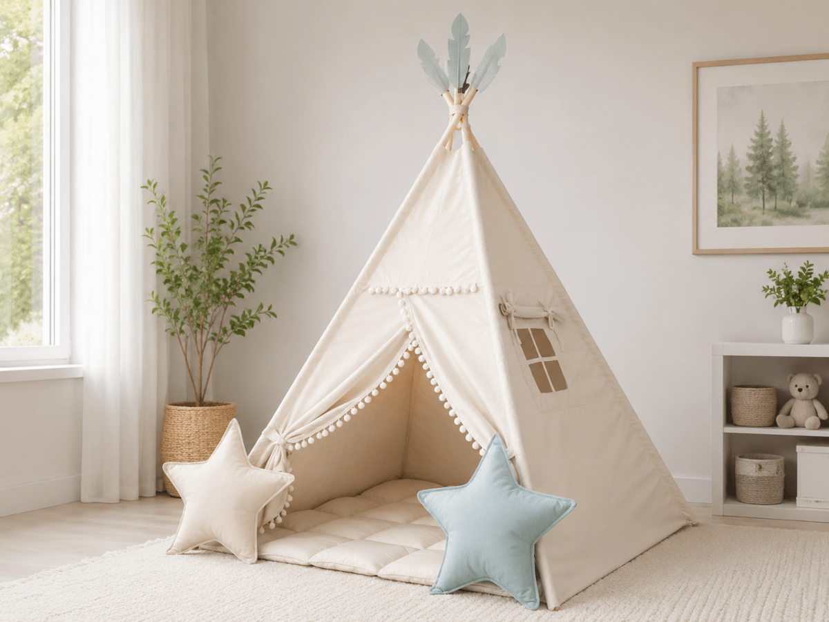 Beige Neutral Teepee Tent – Stylish Indoor Playhouse for Boys & Girls | Cozy Cotton Tipi