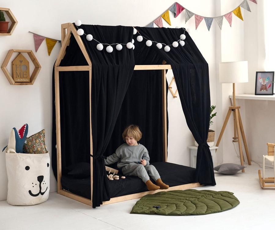 Black Muslin Bed Curtains – Organic Cotton Canopy for House Bed, Montessori Crib, or Toddler Room