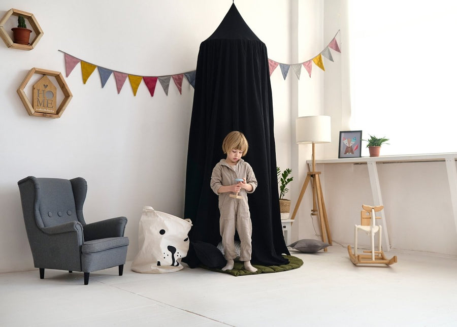 Black Muslin Canopy for Crib or Playhouse | Bold Cotton Tent for Nursery & Kids’ Room