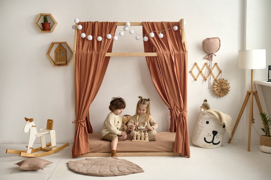 Brown Muslin Curtains for Montessori Bed | Organic Cotton Crib Canopy Drapes | Breathable House Bed Curtains for Toddler Room