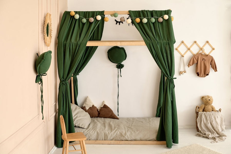 Dark Green Muslin Curtains for Montessori Bed