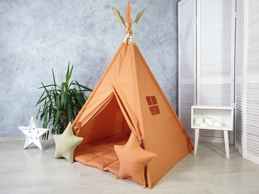 Dusty Orange Kids Teepee Tent | Neutral Wigwam Playhouse for Kids | Indoor Tipi Tent | Boho Orange Teepee for Toddler Room Decor