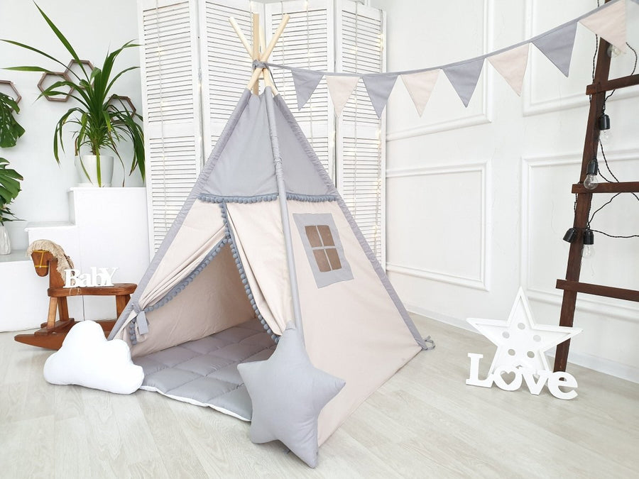 Gray & Beige Kids Teepee Tent with Play Mat Included