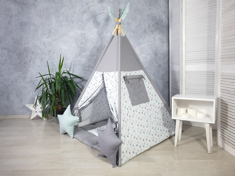 Gray Kids Teepee Tent with Star Panel for Toddlers