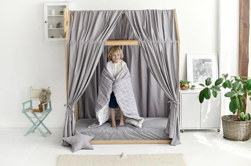 Gray Linen Canopy Bed Curtains for Montessori House Bed