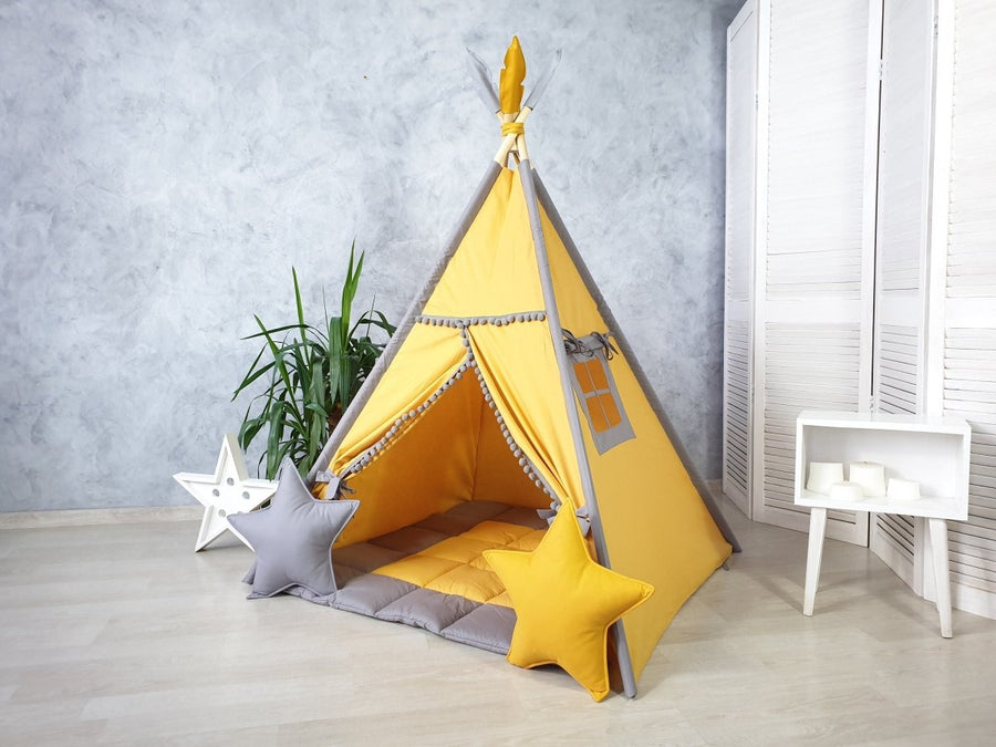 Gray & Mustard Kids Teepee Tent | Modern Neutral Play Tent for Toddlers | Personalized Indoor Wigwam | Christmas Gift for Boys & Girls
