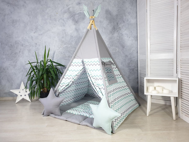 Graues Tipi-Zelt für Kinder mit Chevron-Muster | Wigwam aus Baumwolle