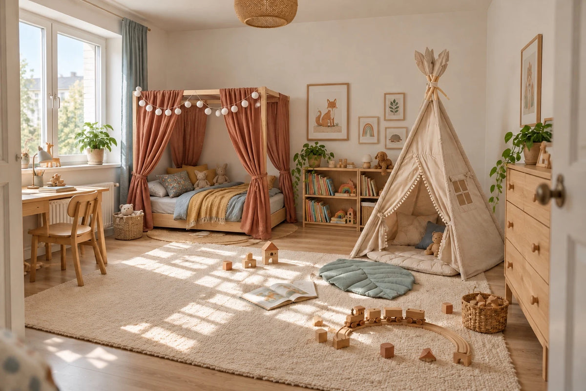 Children's room with terracotta house-bed curtains and a cream teepee
