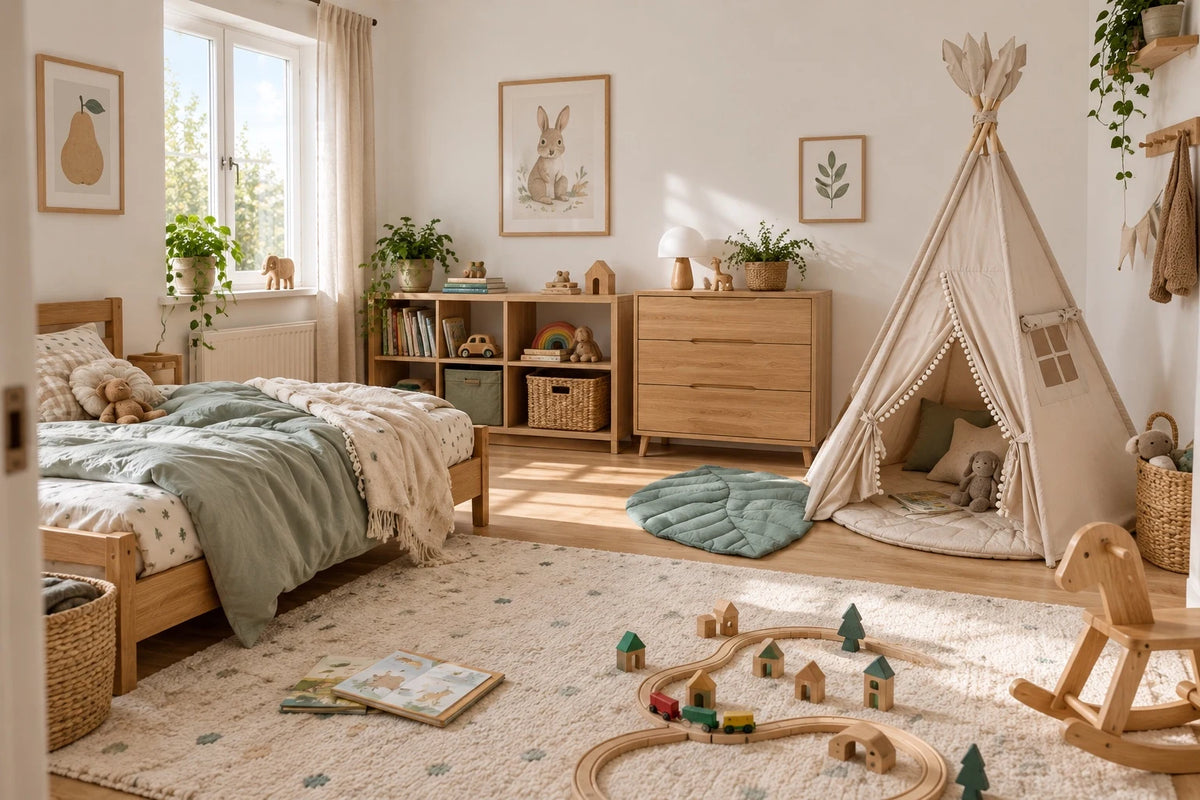 Sunlit children's room with a cream teepee and wooden toys