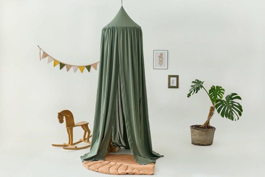 Khaki green Linen Canopy for Nursery | Hanging Crib Canopy | Boho Bed Drape for Baby Room or Play Corner