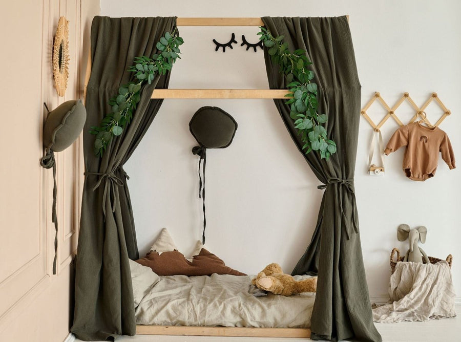 Khaki Green Muslin Bed Curtains – Organic Cotton Canopy for House Bed or Crib | Soft Nursery Drapes