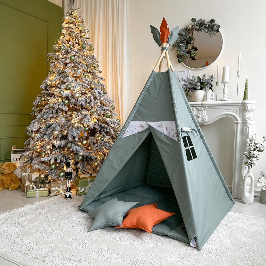 Sage Green & Rainbow Print Kids Teepee Tent | Indoor Play Tent for Toddlers