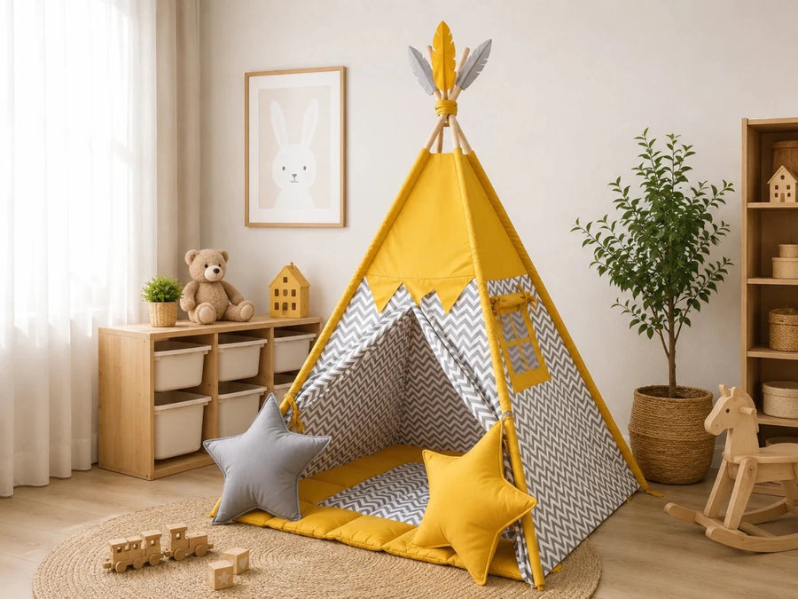 Mustard & Gray Chevron Toddler Teepee – Stylish Neutral Play Tent for Boys & Girls | Cozy Indoor Playhouse