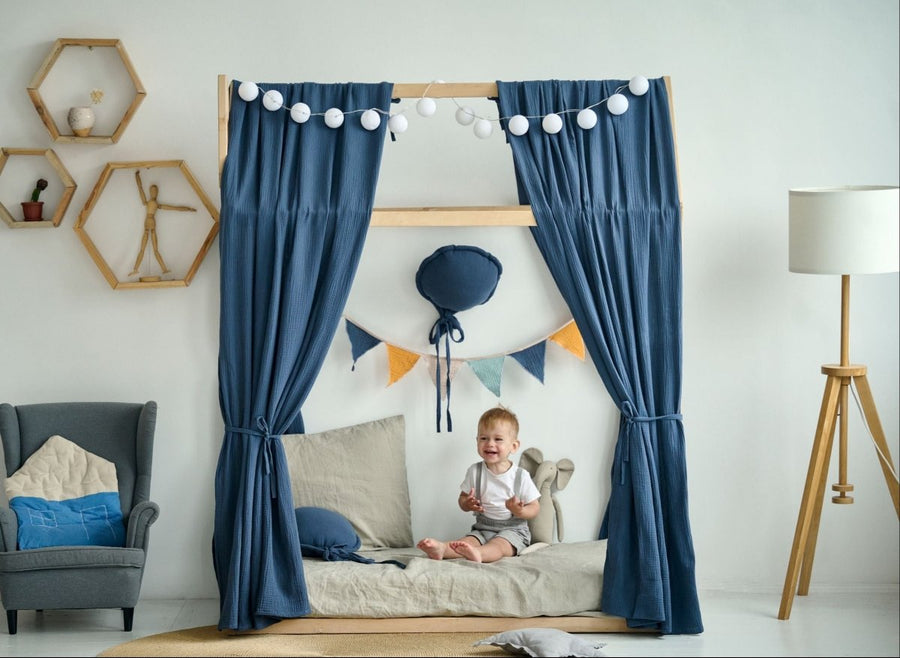 Navy Blue Muslin Curtains for Montessori Bed | Organic Cotton Crib Canopy Drapes | Deep Blue House Bed Curtains for Kids Room