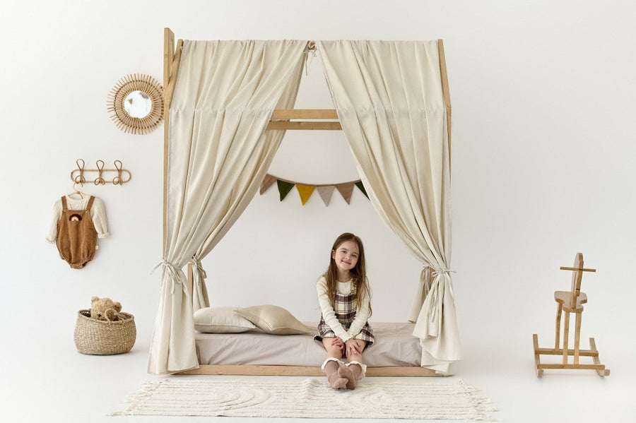 Off White Linen Bed Curtains for Montessori House Bed