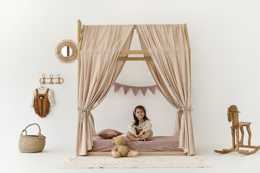 Pale Pink Linen Bed Curtains for Montessori House Bed | Soft Toddler Canopy Curtains for Girl’s Room