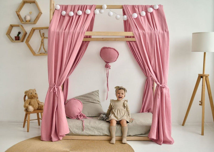 Pink Muslin Bed Curtains – Organic Cotton Canopy Drapes for Toddler or House Bed