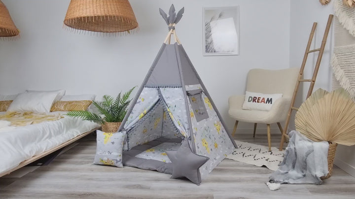 Neutral kids teepee tent with world map print