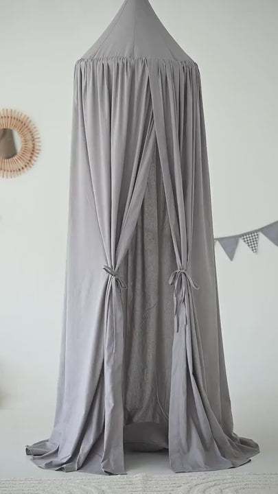 Hanging linen canopy in soft gray color for baby room decor