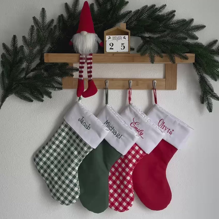 Green Gingham Custom Christmas Stocking with White Cuff and Hanging Loop
