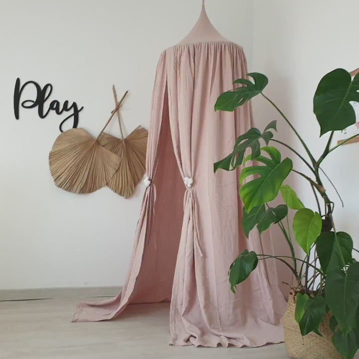 Soft muslin canopy in beige with blush pink lining