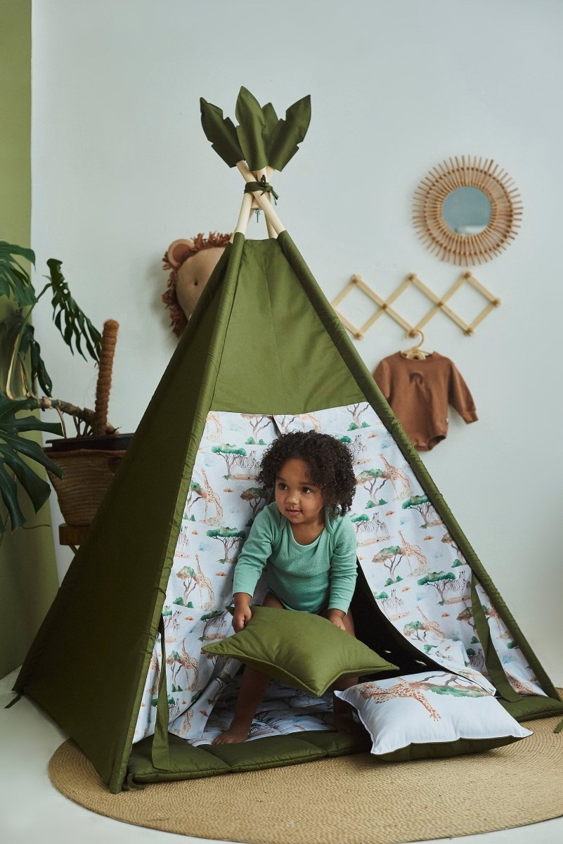 Safari Print Kids Teepee Tent in Dark Green for Toddlers