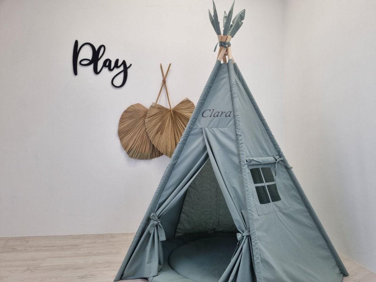 Handgemachtes salbeigrünes Spielzelt für Kinder | Baumwoll-Tipi