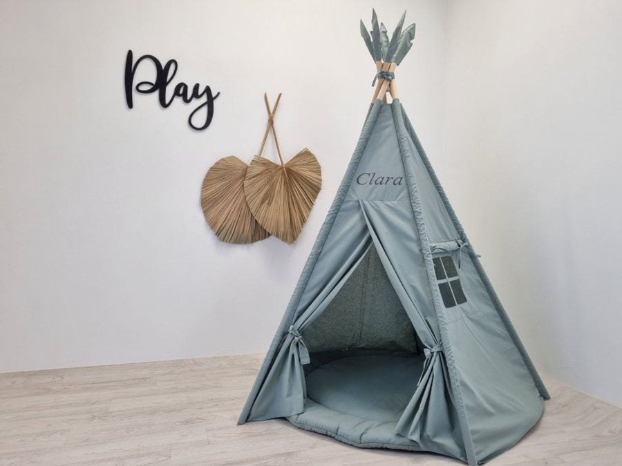 Sage Green 5-Pole Teepee Tent for Kids | Neutral Tipi Zelt Kinder with Circle Mat | Montessori Play Tent for Boys & Girls | Indoor Wigwam Gift