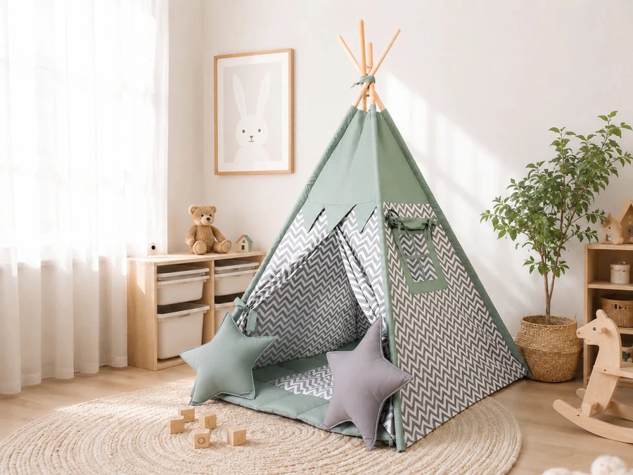 Sage Green & Gray Chevron Teepee Tent – Stylish Neutral Play Tent for Toddlers | Cozy Indoor Tipi for Boys & Girls Nursery Decor
