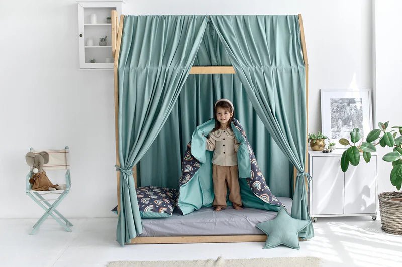 Sage Green Linen Canopy Bed Curtains | Organic Linen Curtains for Montessori House Bed or Toddler Bed | Soft Nursery Decor