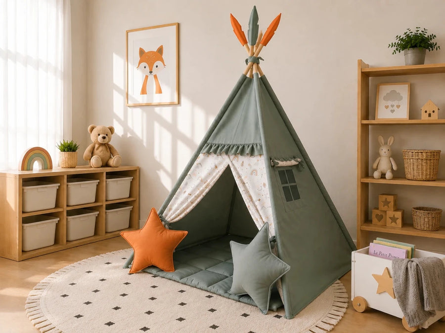 Sage Green & Rainbow Kids Teepee Tent – Ideal Birthday Gift for Toddlers | Playhouse for Boys & Girls