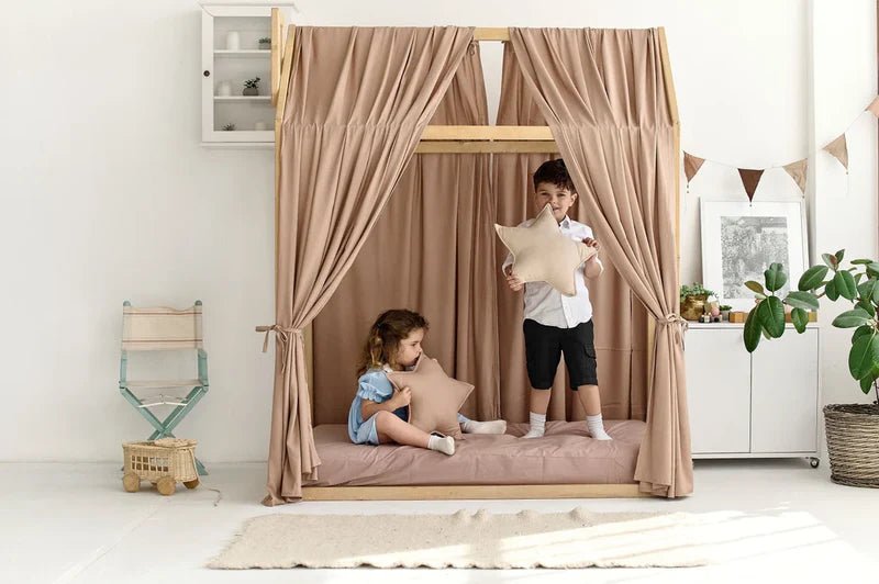 Taupe Linen Canopy Bed Curtains | Organic Linen Curtains for Montessori House Bed or Toddler Bed | Neutral Nursery Room Decor