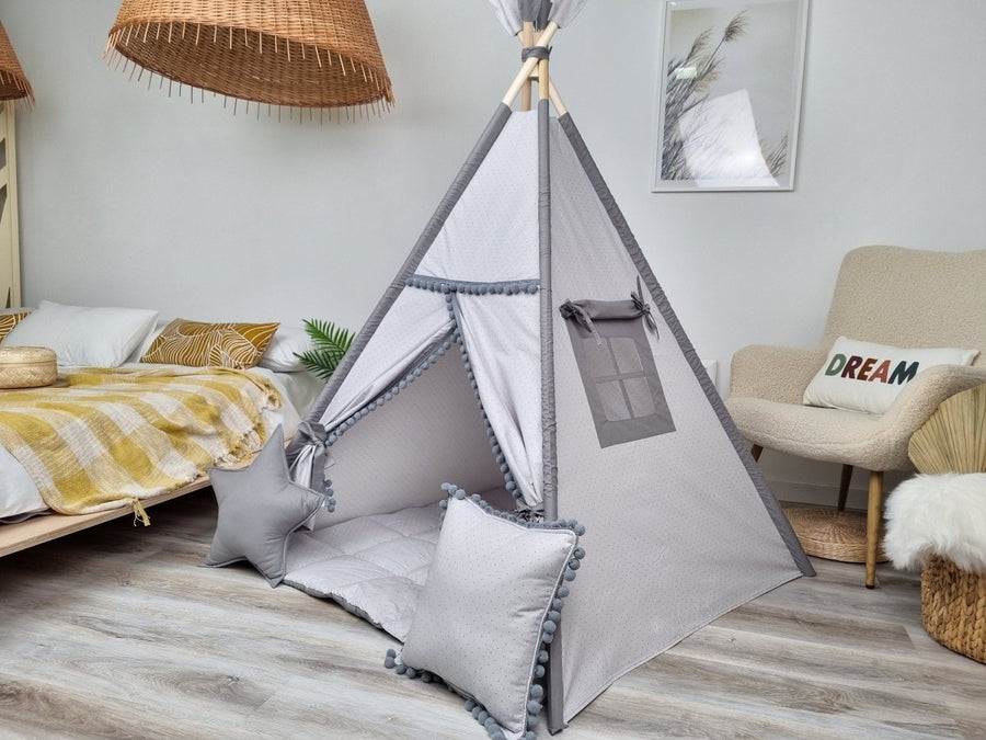 Gray Kids Teepee Tent with Pompom Trim | Indoor Wigwam Playhouse for Boys & Girls