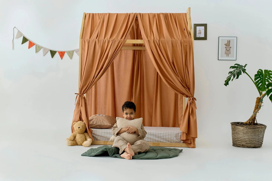 Terracotta Linen Bed Curtains for Montessori House Bed | Organic Linen Canopy Curtains for Toddler or Twin Bed