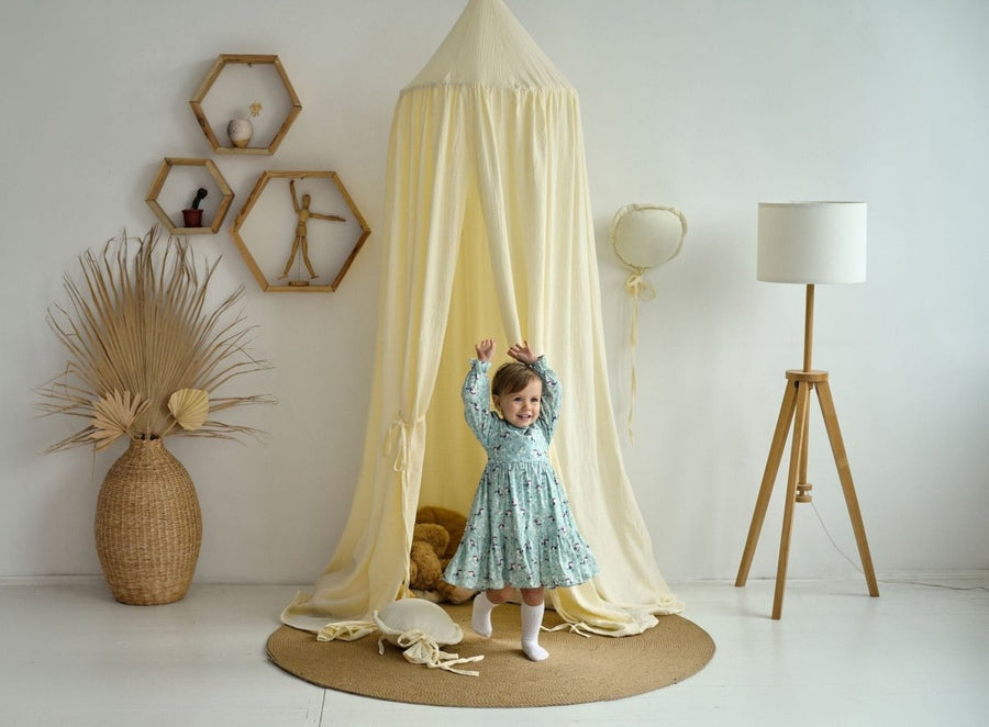 Vanille Musselin Himmelbett | Kinderbetthimmel, Hängezelt für Kinder, neutrale Kinderzimmerdeko
