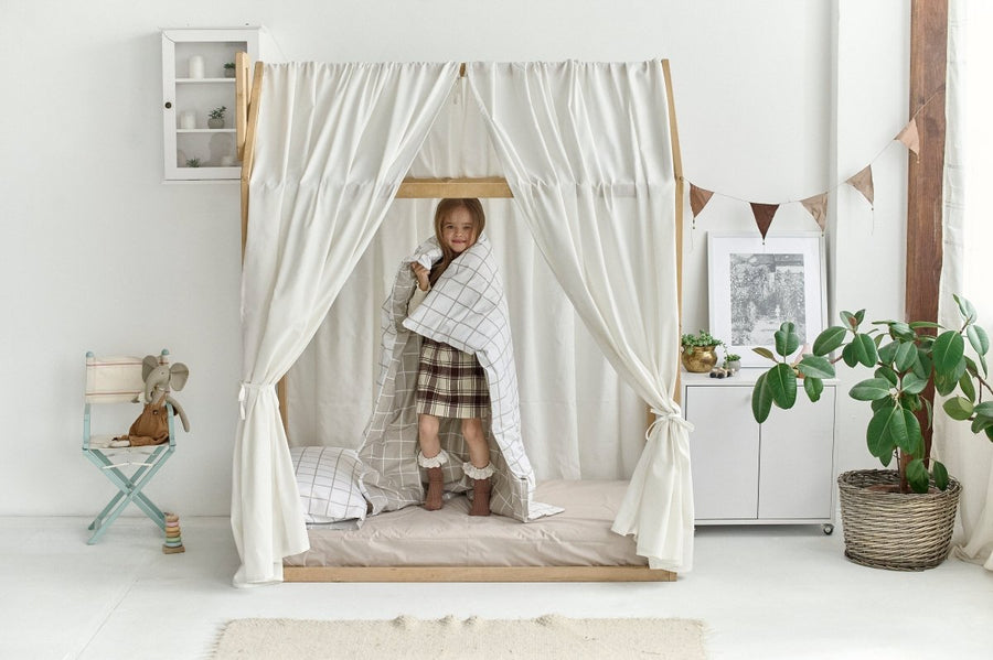 Weiße Leinen-Himmelbettvorhänge | Bio-Leinen-Vorhänge für Kleinkind- oder Montessori-Hausbett | Ästhetische Kinderzimmerdekoration