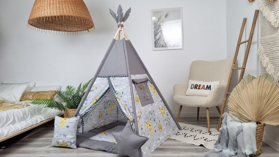 Weltkarte Kinder-Tipi-Zelt mit Matte – Neutrales Spielzelt für Kleinkinder | Montessori Indoor-Tipi | Lernspielzeug für Jungen und Mädchen